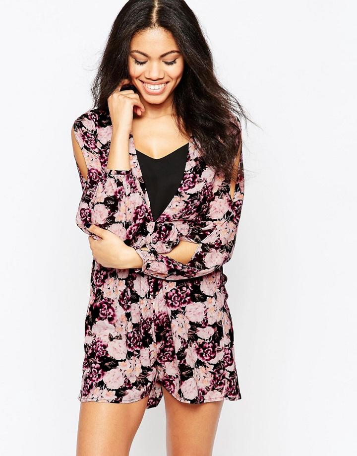 Neon Rose Dream Romper With Plunge Neck - Purple