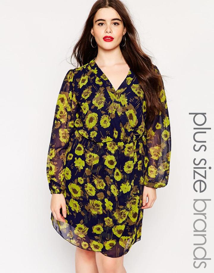 Ax Paris Plus Wrap Front Dress In Floral Print