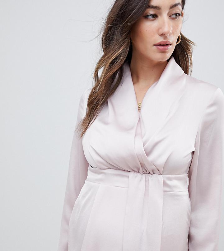 Asos Design Maternity Satin Drape Front Long Sleeve Blouse-gray