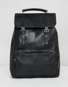 Asos Design Leather Backpack In Black With Front Pocket And Double Straps - Black