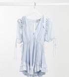 Asos Design Petite Mini Dress With Satin Trim Ruffle And Tie In Detail In Soft Blue