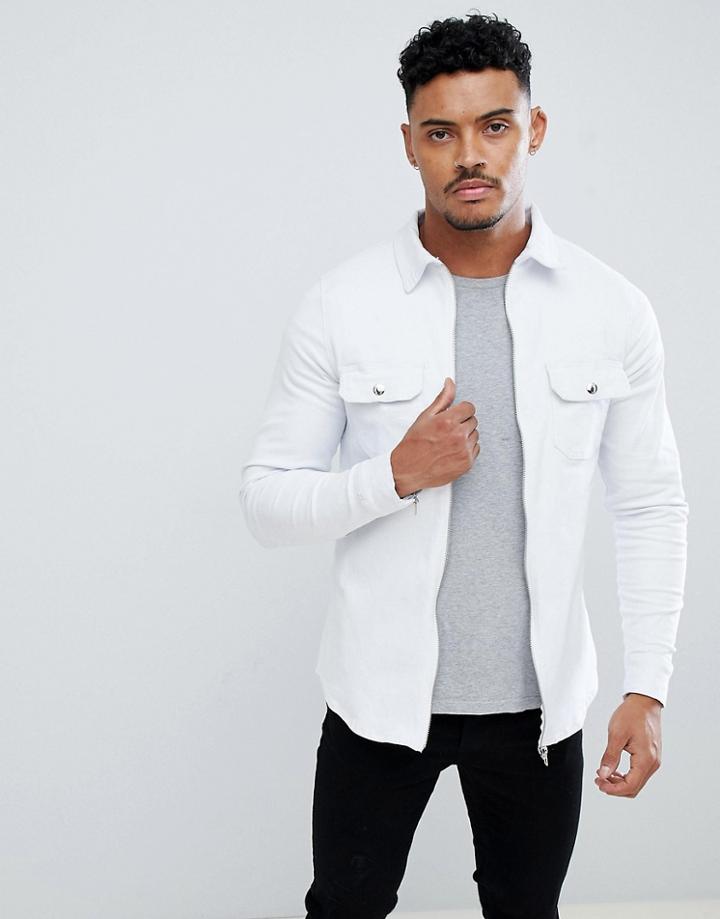 Liquor N Poker Muscle Fit Stretch Denim Shirt With Zips - White