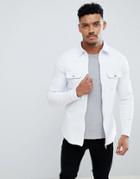 Liquor N Poker Muscle Fit Stretch Denim Shirt With Zips - White