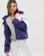 Only Feather Color Block Quilted Hooded Jacket-blue