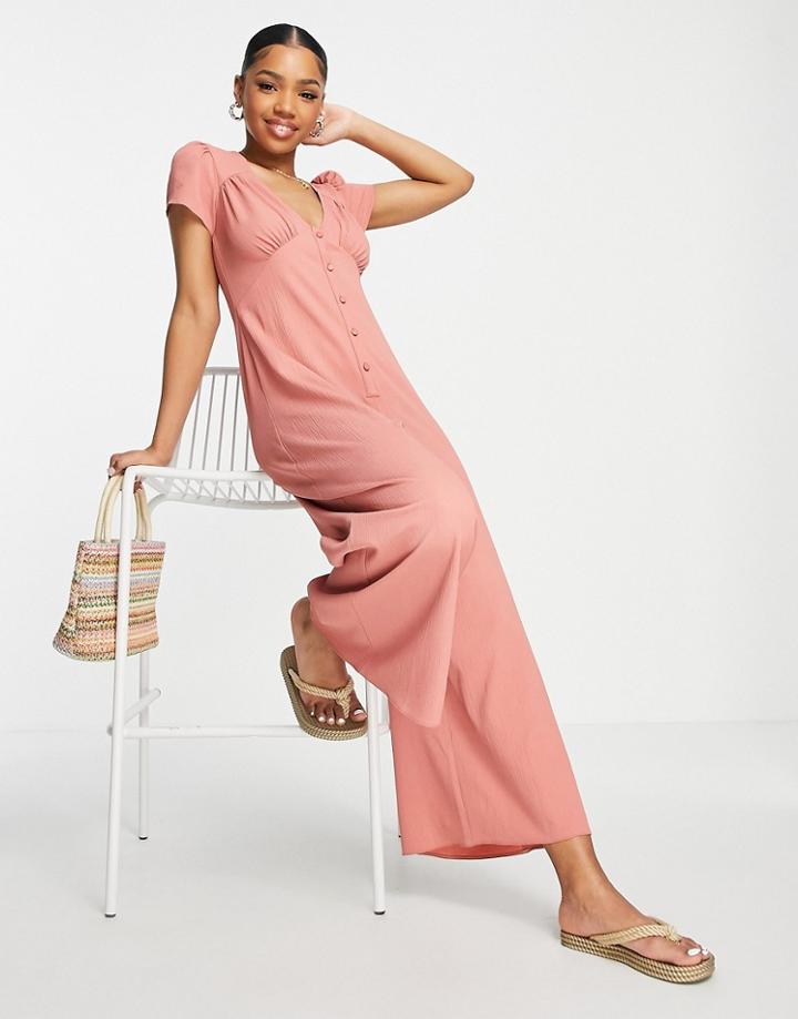 Asos Design Bubble Crepe Cap Sleeve Tea Button Front Jumpsuit In Rose-pink