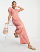 Asos Design Bubble Crepe Cap Sleeve Tea Button Front Jumpsuit In Rose-pink