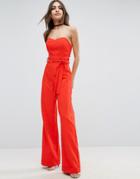 Asos Bandeau Jumpsuit With Paperbag Waist Detail - Red
