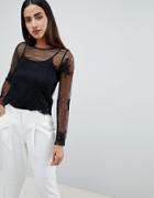 Asos Design Top With Scalloped Hem And Embroidery - Black