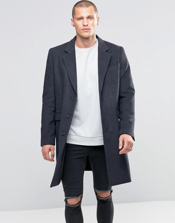 Asos Wool Mix Overcoat In Charcoal Marl - Gray