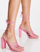 Bebo Emeline Strappy Tie Leg Heeled Sandals In Pink With Square Toe