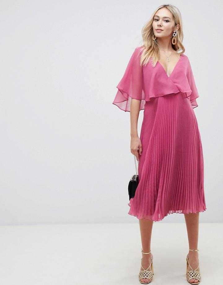 Asos Design Flutter Sleeve Midi Dress With Pleat Skirt-pink