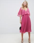 Asos Design Flutter Sleeve Midi Dress With Pleat Skirt-pink