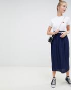 Asos Design Pleated Midi Skirt With Sport Tipping Waist Band - Navy