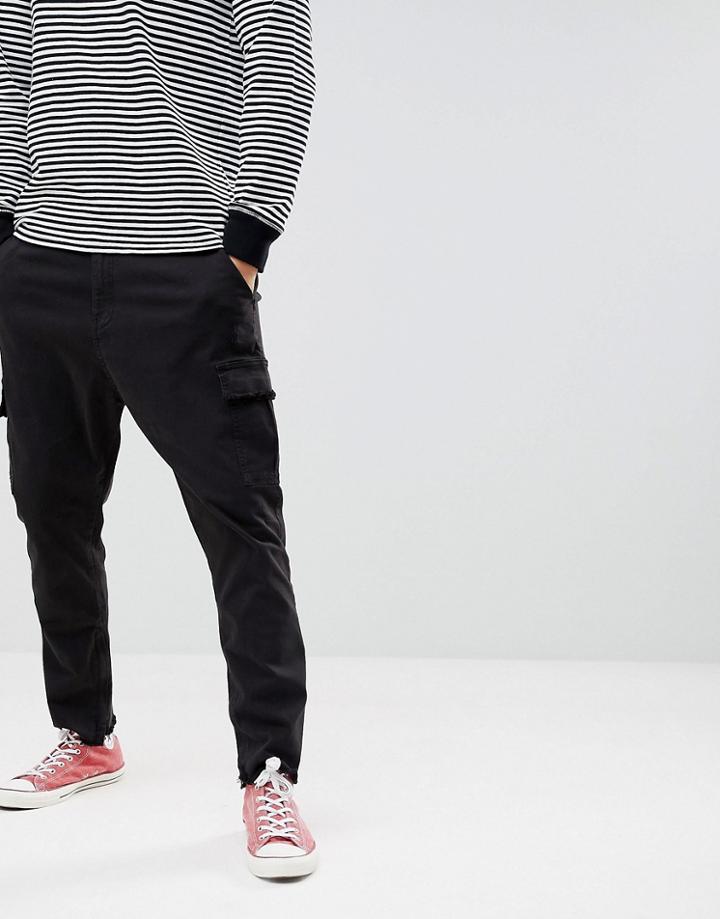 Bershka Frayed Hem Cargo Pants In Black - Black