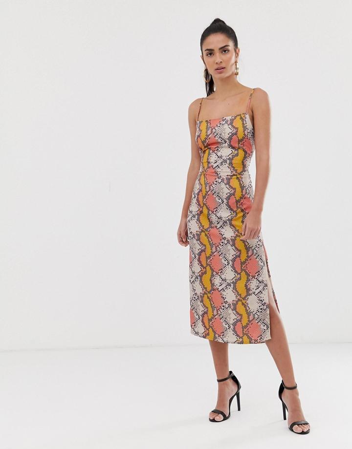 Flounce London Cami Strap Satin Midi Dress With Square Neck In Multi Snake - Multi