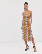Flounce London Cami Strap Satin Midi Dress With Square Neck In Multi Snake - Multi