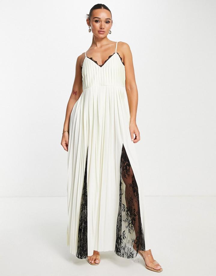 Asos Design Cami Pleated Maxi Dress With Lace Inserts In Cream-white