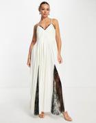 Asos Design Cami Pleated Maxi Dress With Lace Inserts In Cream-white