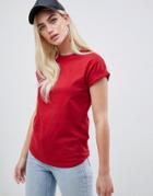 Asos Design T-shirt In Boyfriend Fit With Rolled Sleeve And Curved Hem In Burgundy - Red