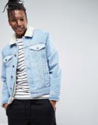 Asos Fully Fleece Lined Denim Jacket With Contrast Panels In Blue Wash