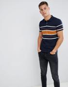 Celio Slim Fit Waffle Polo In Block Stripe - Navy