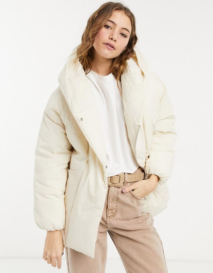 Bershka Hooded Wrap Padded Puffer Coat In Ecru-white