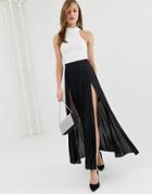 Asos Design Pleated Maxi Skirt With Double Split - Black