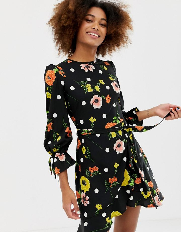 Influence Frill Skirt Back Detail Dress In Floral And Polka Dot - Black