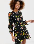 Influence Frill Skirt Back Detail Dress In Floral And Polka Dot - Black