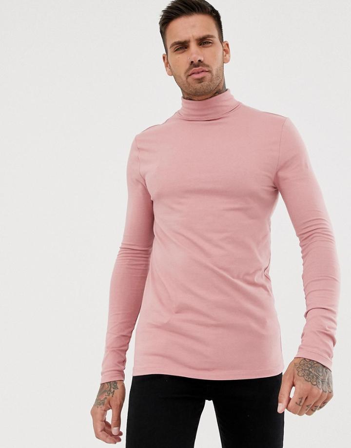 Asos Design Muscle Fit Long Sleeve T-shirt With Roll Neck In Pink - Pink