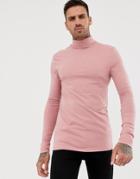 Asos Design Muscle Fit Long Sleeve T-shirt With Roll Neck In Pink - Pink
