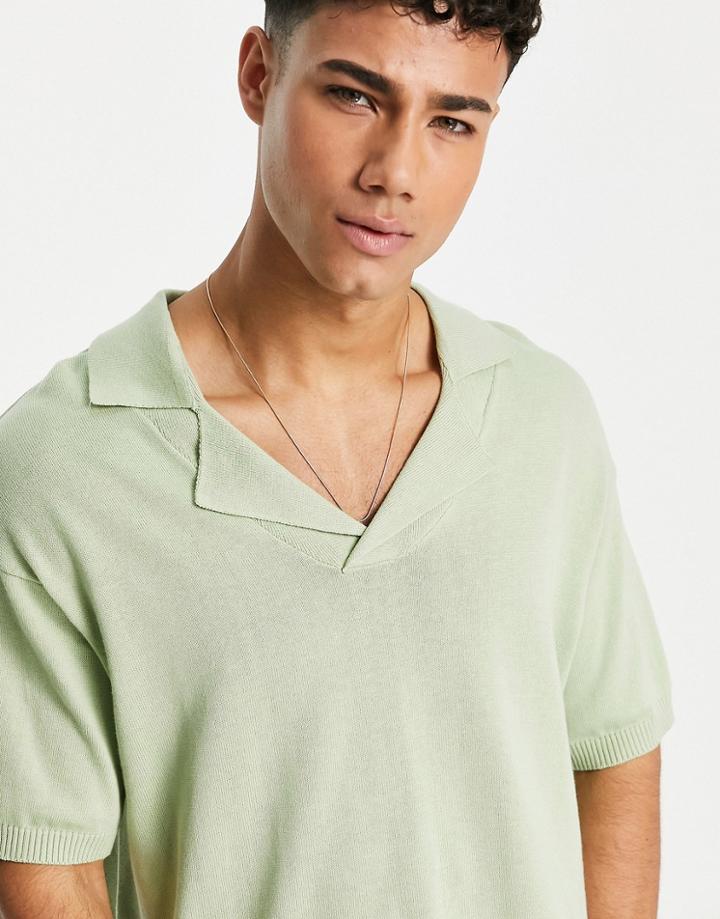 Another Influence Boxy Fit Camp Collar Knit Top In Pale Green