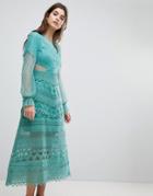 Three Floor Lace Midi Dress With Bell Sleeves - Green