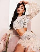 Asos Luxe Cropped Embellished Top With Faux Feather Cuffs In Blush - Part Of A Set-pink