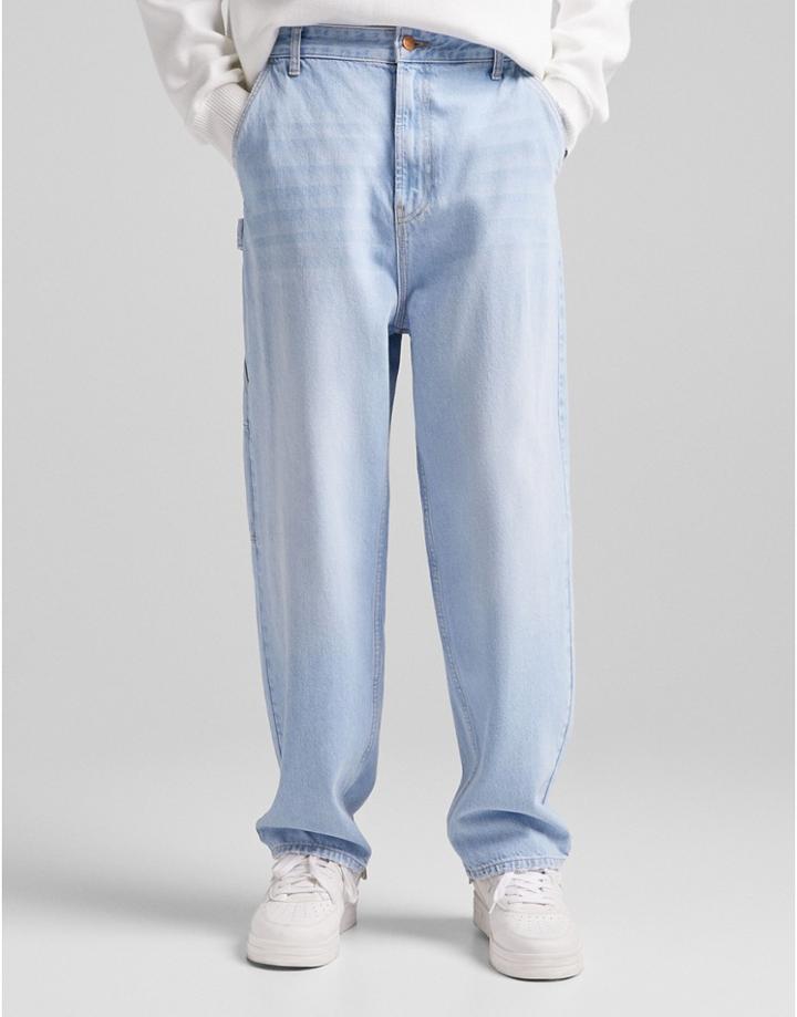 Bershka Wide Carpenter Jean In Mid Blue-blues