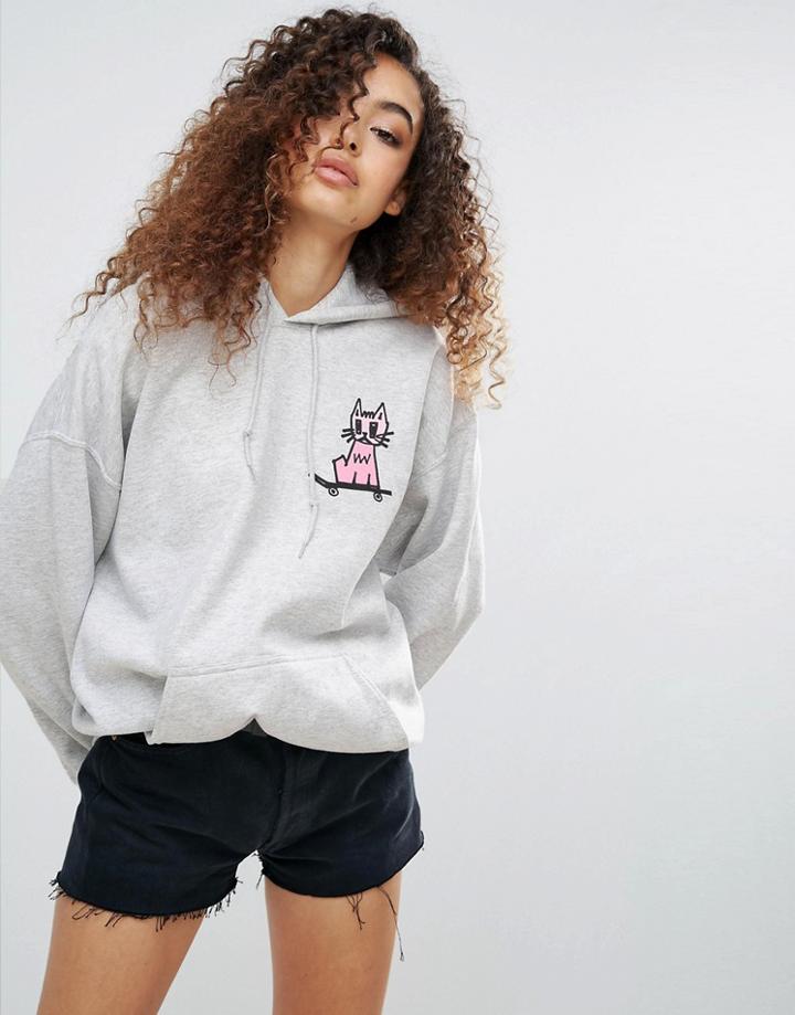 New Love Club Small Skate Kitty Oversize Hoody - Gray