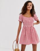Influence Gingham Milkmaid Dress - Red