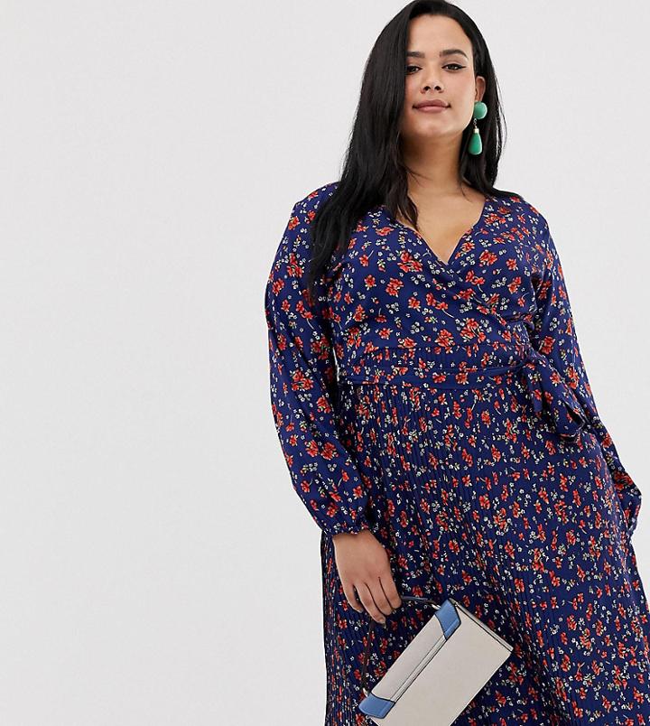 Influence Plus Pleated Skirt Belted Midi Dress In Floral Print - Navy