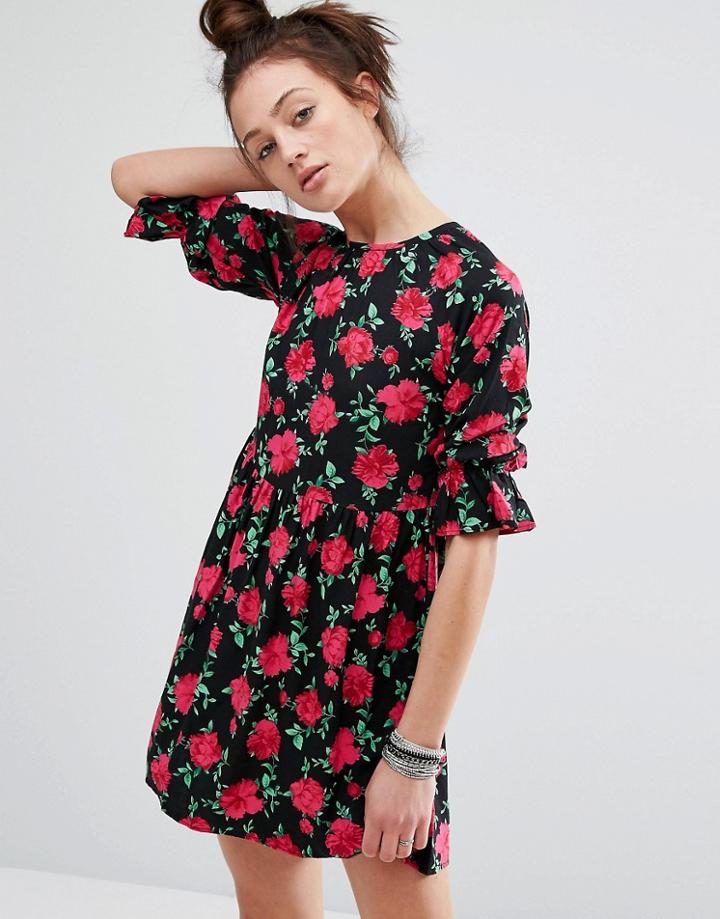 Motel Smock Dress In Floral Print - Black