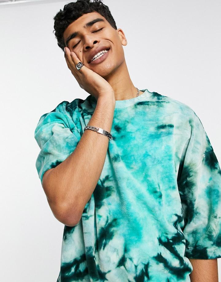 Asos Design Oversized T-shirt In Green Velour Tie Dye
