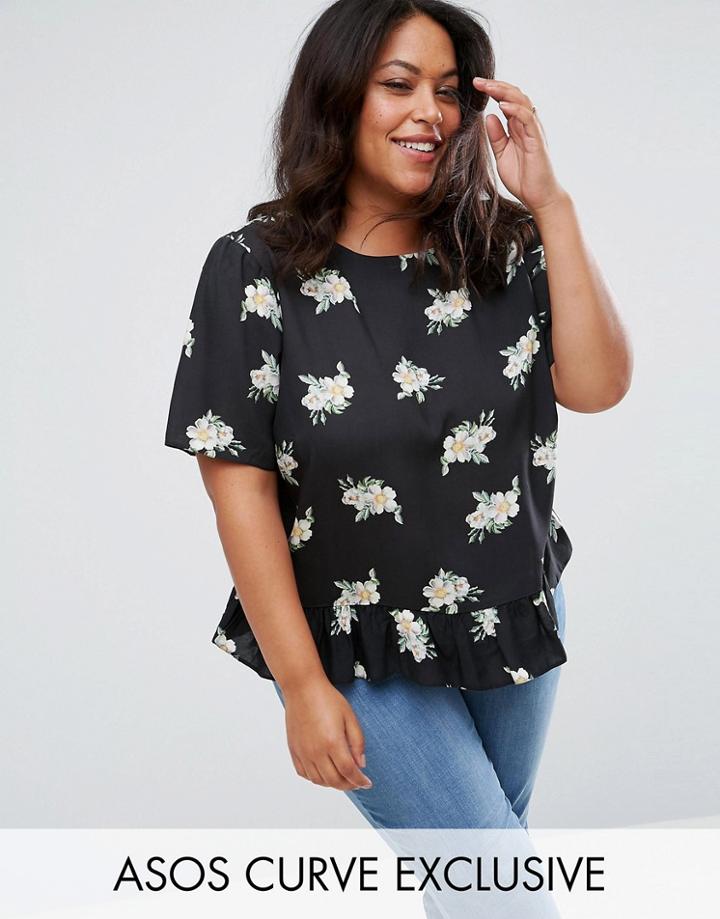 Asos Curve Ruffle Hem Tee In Mono Floral - Multi