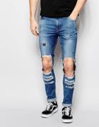 Asos Super Skinny Jeans With Open Rips In Mid Blue - Mid Blue