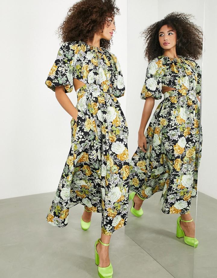 Asos Edition Puff Sleeve Midi Dress With Cut Out Back In Floral Print-multi
