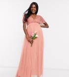 Maya Maternity Bridesmaid Wrap Front Delicate Sequin Maxi Dress With Tulle Skirt In Coral-orange