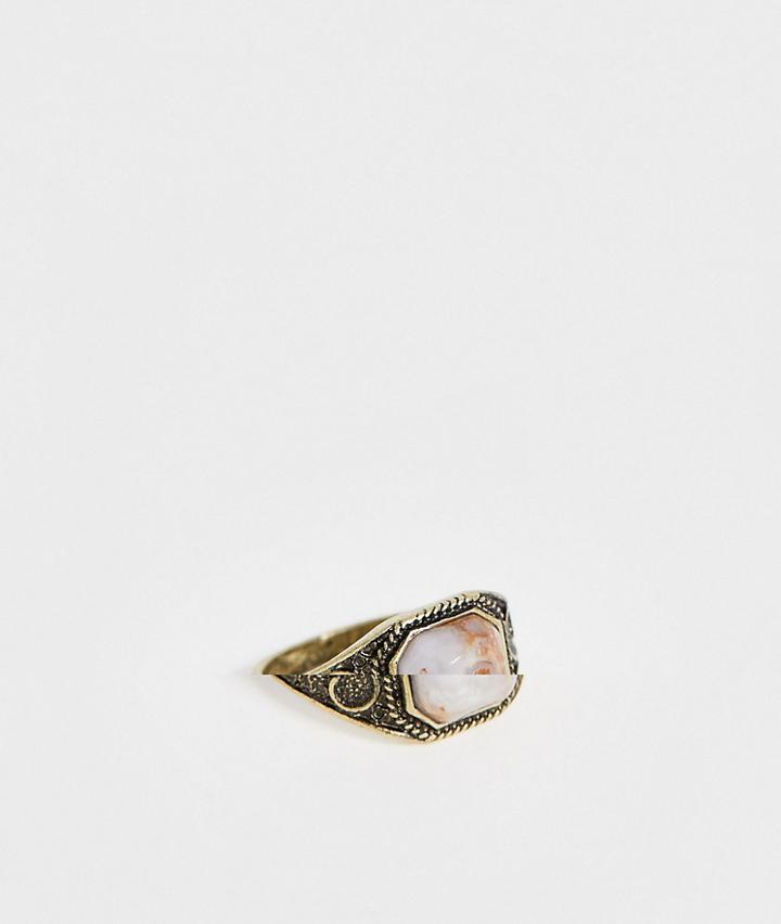 Asos Design Semi Precious Stone Ring In Burnished Gold - Gold