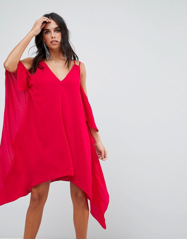 Adelyn Rae Fiona Cold Shoulder Asymmetric Shift Dress-red