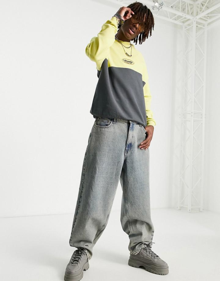 Asos Design Oversized Sweatshirt In Neon Yellow Color Block With Chest Print-multi