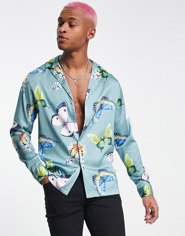 Asos Design Deep Camp Collar Shirt In Blue Satin With Butterfly Print