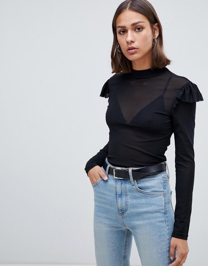 Moves By Minimum Sheer Long Sleeve Top With Shoulder Detail - Black