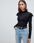 Moves By Minimum Sheer Long Sleeve Top With Shoulder Detail - Black